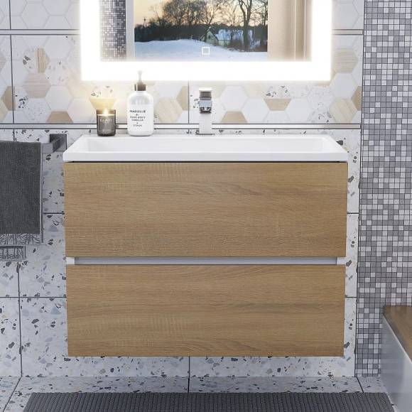 Тумба с раковиной Uperwood Barsa 70 подвесная, белая, дуб сонома, раковина белая