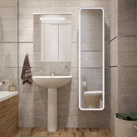 Комплект Раковина DIWO Муром + Сифон Wirquin Минор с отводом для стиральной машины + Пьедестал полукруг 0200 + Зеркало Коломна 60 см с подсветкой, белое