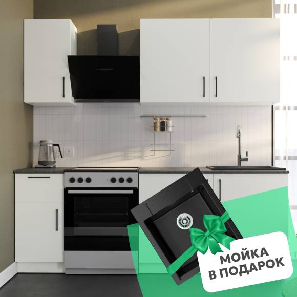 Кухонный гарнитур Domaci Болонья 220 см, фасад белый, ручка черная, столешница луна KUH-708324