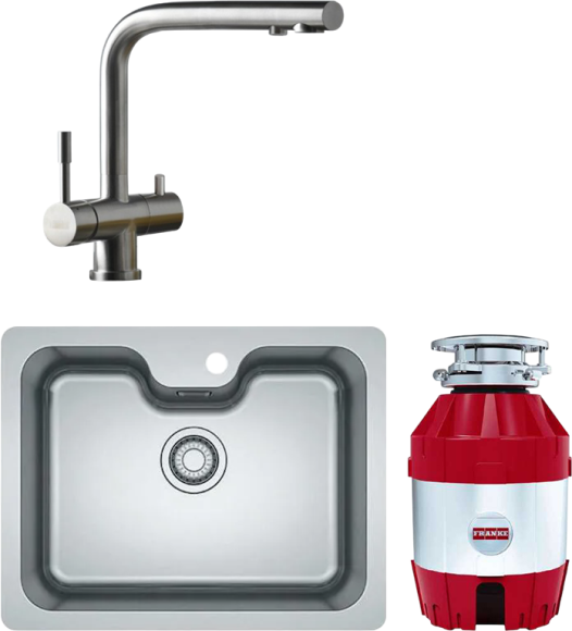 Комплект Мойка Franke Bell BCX 110-55 TL нержавеющая сталь + Смеситель Atlas Clear water нержавеющая сталь + Измельчитель Turbo Elite TE-50 с пневмокнопкой