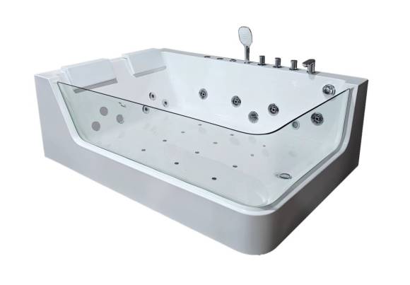 Акриловая ванна Ceruttispa C 495L 170x120 см, левая, пристенная, с гидромассажем, белая, с каркасом, для двоих, со смесителем, со сливом-переливом, с подсветкой, с донным клапаном, два подголовника