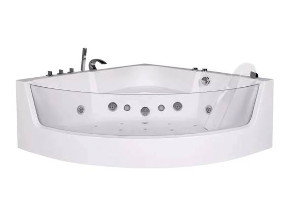 Акриловая ванна Ceruttispa C 401А 150x150 см, угловая, пристенная, с гидромассажем, белая, четверть круга, с каркасом, со смесителем, с сиденьем, со сливом-переливом, с подсветкой, с донным клапаном, с подголовником