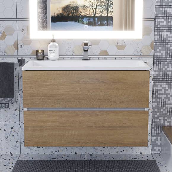 Тумба с раковиной Uperwood Barsa 80 подвесная, белая, дуб сонома, раковина белая