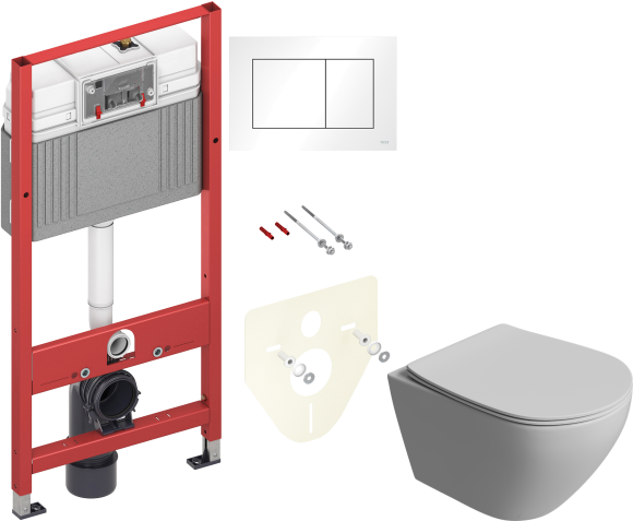 Комплект Унитаз подвесной STWORKI Кронборг S28401WH безободковый, с микролифтом, глянцевый белый + Инсталляция TECE Base 9400413 4 в 1 с кнопкой смыва