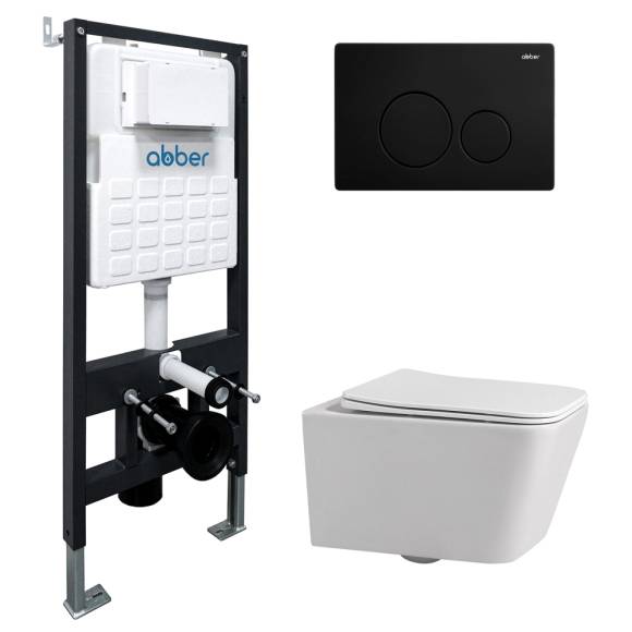 Комплект Abber Rechteck AC1201-AC0105-AC0121MB, Унитаз подвесной безободковый, с микролифтом + Система инсталляции + Кнопка смыва матовая черная