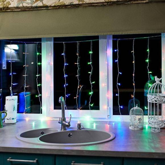 Гирлянда светодиодная "Светодиодный Дождь" 1.5х1м 96LED мультиколор 8Вт 230В IP20 с контроллером провод прозр. Neon-Night 235-029 Гирлянда светодиодная "Светодиодный Дождь" 1.5х1м 96LED мультиколор 8Вт 230В IP20 с контроллером провод прозр. Neon-Night 235-029