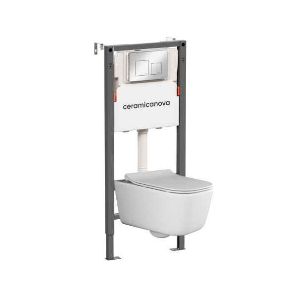 Комплект Ceramicanova Унитаз подвесной New Day CN3005 безободковый, с микролифтом + Инсталляция Balance CN121002CH с кнопкой Square глянцевый хром