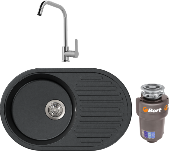 Комплект Мойка FOSTO КМ 74-46 графит + Смеситель MEGA City MG- ZRV104 хром + Измельчитель Bort Titan Max Power