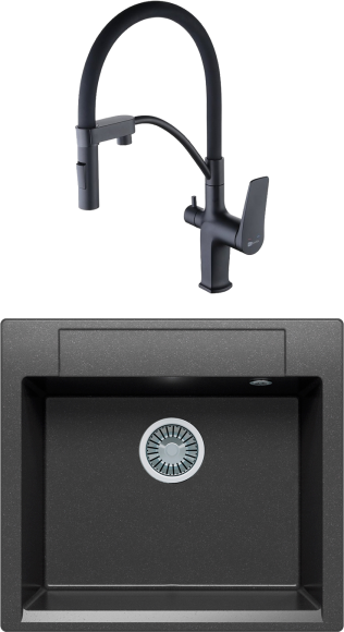 Комплект Мойка Polygran Argo 560 черная + Смеситель Lemark Bronx LM3761BL черный, с гибким изливом