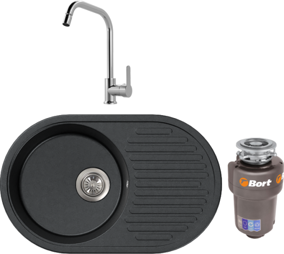 Комплект Мойка FOSTO КМ 74-46 графит + Смеситель MEGA City MG- ZRV104 хром + Измельчитель Bort Titan Max Power FullControl