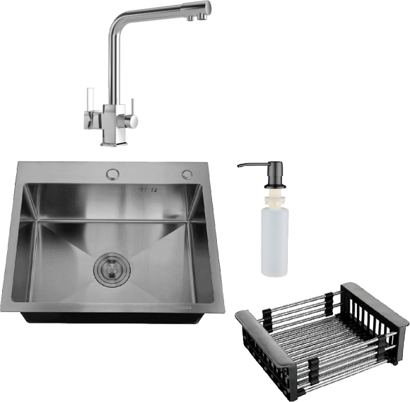 Комплект Мойка РМС MR-5843BL c корзиной и дозатором, графит + Смеситель MEGA Life MG-TK06 хром