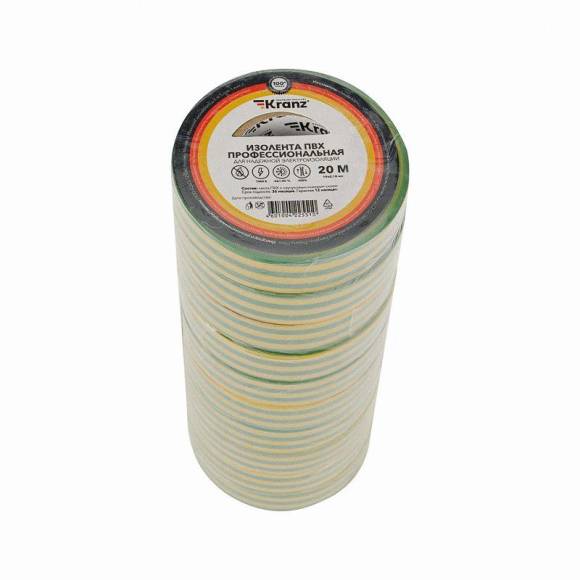 Изолента ПВХ профессиональная 0.18х19мм 20м желт./зел. Kranz KR-09-2807 Изолента ПВХ профессиональная 0.18х19мм 20м желт./зел. Kranz KR-09-2807