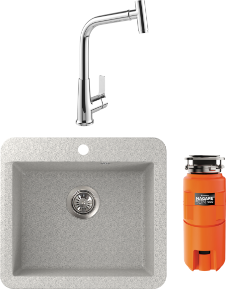 Комплект Мойка FOSTO КМ Вега метель + Смеситель MEGA Life MG-TK09 хром + Измельчитель Omoikiri Nagare slim 900