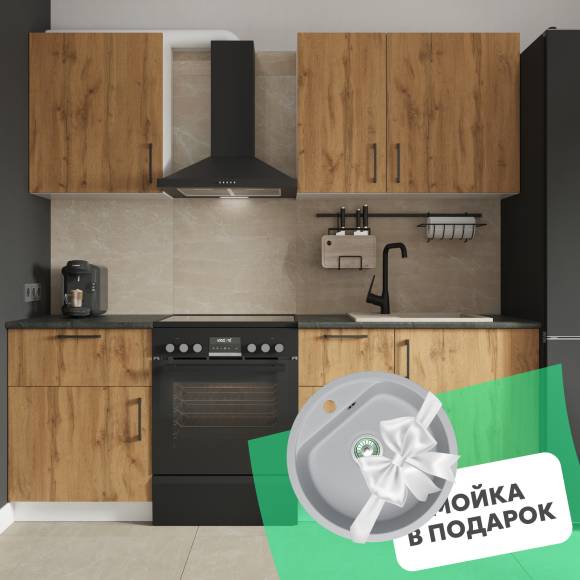 Кухонный гарнитур Domaci Болонья 220 см, фасад дуб вотан, ручка черная, столешница луна KUH-708340
