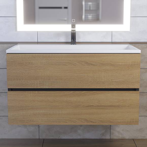 Тумба с раковиной Uperwood Barsa 90 подвесная, черная, дуб сонома