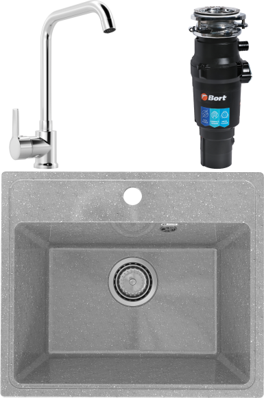 Комплект Мойка Practik PR-M 490-003 светло-серая + Смеситель MEGA Ege MG-PL10 хром + Измельчитель Bort Titan 7000