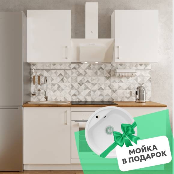 Кухонный гарнитур Domaci Болонья 180 см, фасад белый, ручка хром, столешница дуб вотан KUH-767458