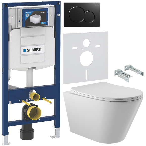 Комплект Унитаз подвесной Aqueduto Cone CON0110 + Крепления Geberit Duofix 111.815.00.1 к стене + Инсталляция UP 320 111.300.00.5 + Кнопка Sigma 01 115.770.DW.5 черная + Звукоизоляция 156.050.00.1