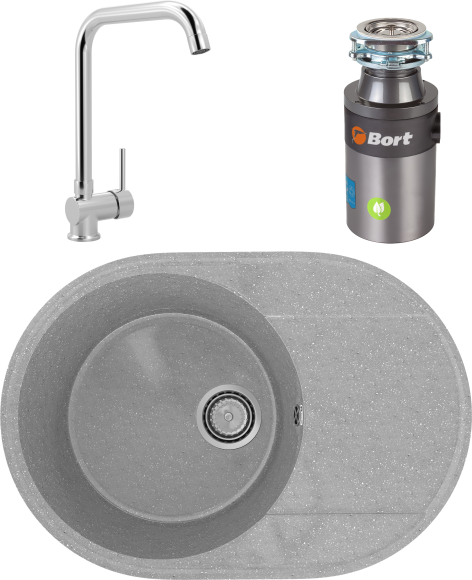 Комплект Мойка Practik PR-M 610-003 светло-серая + Смеситель MEGA Didim MG-CM107 хром + Измельчитель Bort Titan 4000 Plus