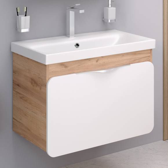 Тумба с раковиной Aqua de Marco Skandi 80 подвесная, дуб золотой крафт, белая