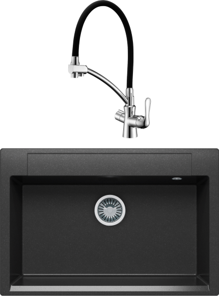 Комплект Мойка Polygran Argo 760 черная + Смеситель Lemark Comfort LM3070C с гибким изливом, хром, черный