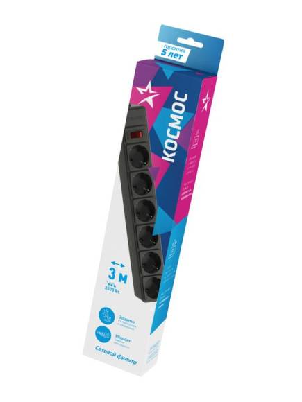 Удлинитель с сетевым фильтром 6х3м с заземл. 16А IP20 3.5кВт 3х1 с предохранителем с выкл. с индикатором сети черн. КОСМОС FKsm3m-6g(B)16A
