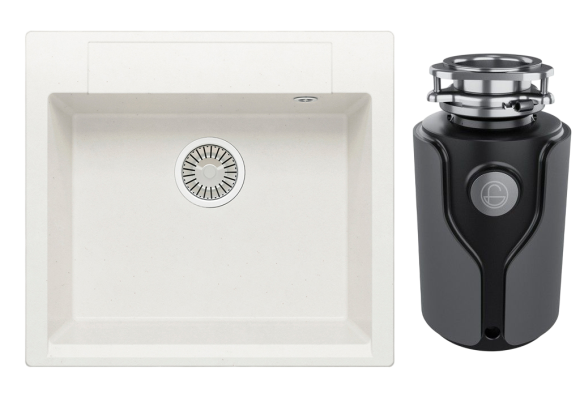 Комплект Мойка Polygran Argo 560 56x51, белая хлопок, искусственный гранит + Измельчитель KUCHENSTERN Muhle 353MU35 механический, нержавеющая сталь