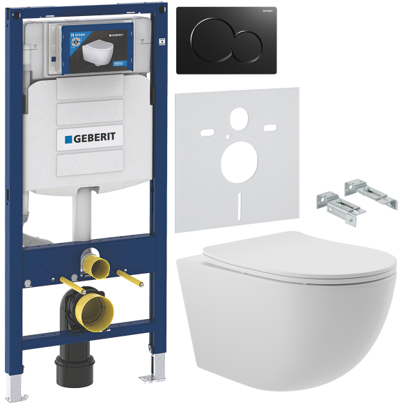 Комплект Унитаз подвесной Aqueduto Ovo OVO0120 + Крепления Geberit Duofix 111.815.00.1 к стене + Инсталляция UP 320 111.300.00.5 + Кнопка Sigma 01 115.770.DW.5 черная + Звукоизоляция 156.050.00.1
