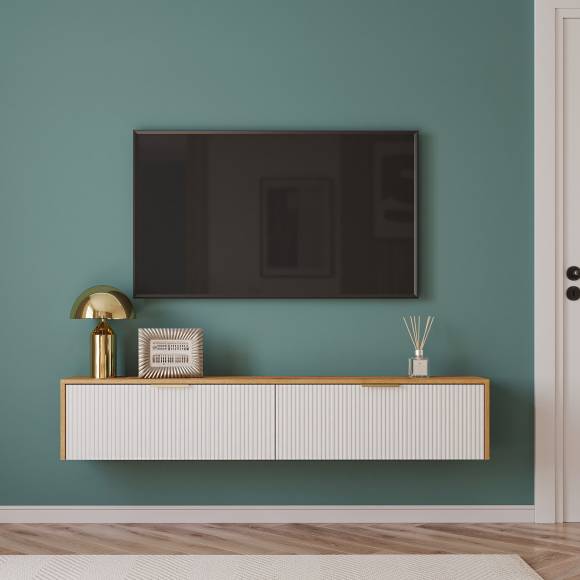 Тумба для ТВ DIWO Краснодар подвесная 160x27x30 белый, дуб вотан, ручка золото