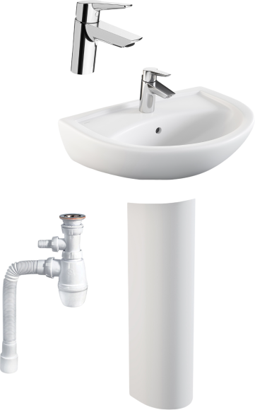 Комплект Раковина Norm Fit 60 см + Пьедестал + Смеситель VitrA Solid S + Сифон Wirquin Минор с отводом для стиральной машины