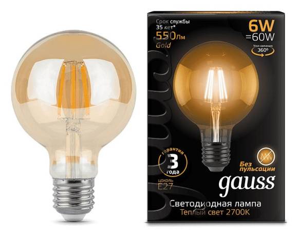 Лампа светодиодная Gauss LED Filament E27 6Вт 2400K 105802006 Лампа светодиодная Gauss LED Filament E27 6Вт 2400K 105802006