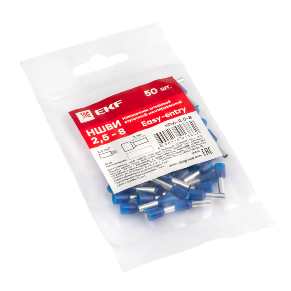 Наконечник штыревой втулочный изол. НШвИ 2.5-8 (уп.50шт) EKF nhvi-2.5-8 Наконечник штыревой втулочный изол. НШвИ 2.5-8 (уп.50шт) EKF nhvi-2.5-8