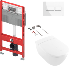 Комплект 5 в 1 Умный унитаз Villeroy & Boch Viclean V0E100R1 + Инсталляция TECE Profil TECEprofil Uni 2.0 9300302 + Кнопка TECEsolid 9240432 цвет глянцевый белый + Рамка Now 9240410, белая + Крепления TECEprofil 9380014