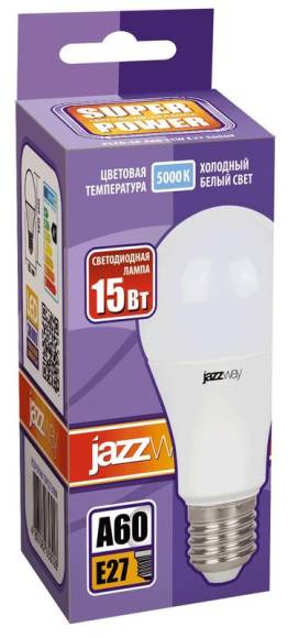 Лампа светодиодная PLED-SP 15Вт A60 грушевидная 5000К холод. бел. E27 1400лм 230В JazzWay 2853035 Лампа светодиодная PLED-SP 15Вт A60 грушевидная 5000К холод. бел. E27 1400лм 230В JazzWay 2853035