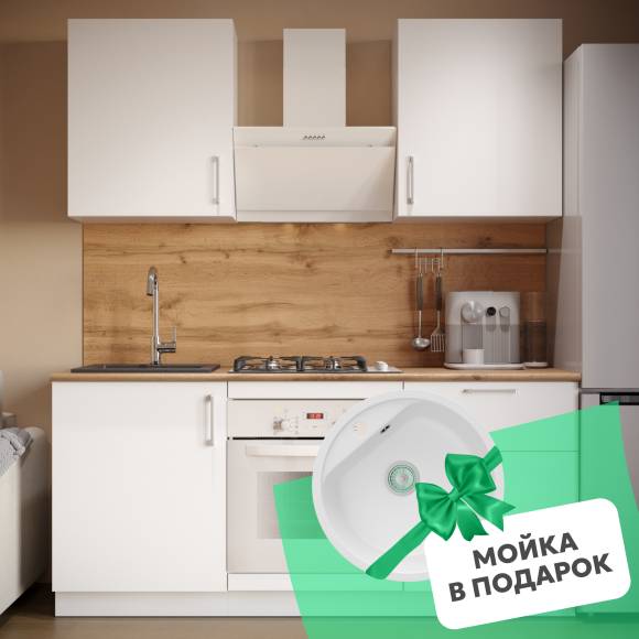 Кухонный гарнитур Domaci Болонья 180 см, фасад белый, ручка хром, столешница дуб вотан KUH-767475