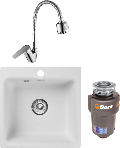 Комплект Мойка GranFest Smart 430 белый + Смеситель Rossinka S S35-26 + Измельчитель Bort Titan 93410259 Комплект Мойка GranFest Smart 430 белый + Смеситель Rossinka S S35-26 + Измельчитель Bort Titan 93410259