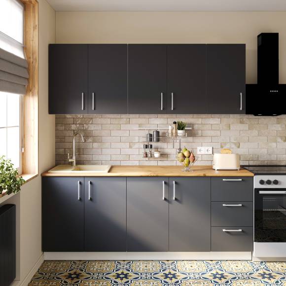 Кухонный гарнитур Domaci Болонья 260 см, фасад графит, ручка хром, столешница дуб вотан KUH-1008391