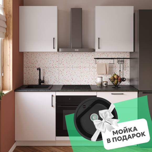 Кухонный гарнитур Domaci Болонья 180 см, фасад белый, ручка черная, столешница луна KUH-767481