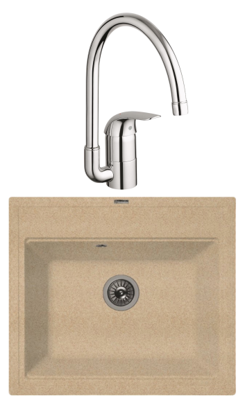 Комплект Мойка Florentina Липси 600 песочный + Смеситель Grohe Euroeco