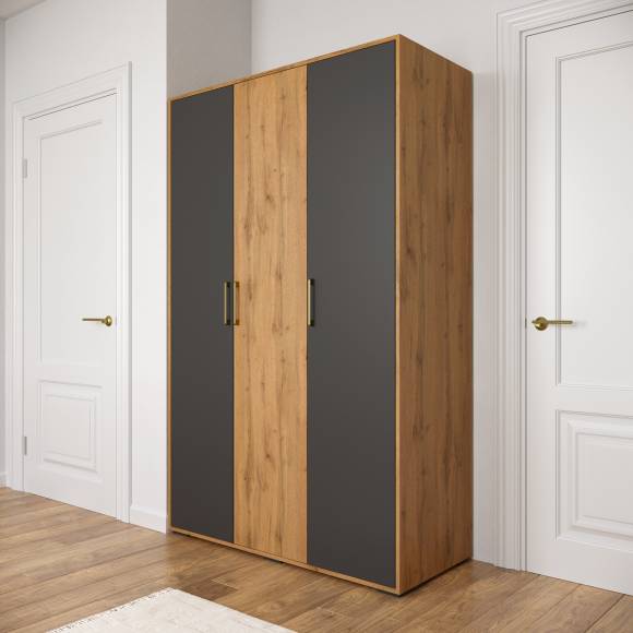 Шкаф DIWO Кострома 120x191х52 см, трехдверный, антрацит, дуб вотан, ручка золото
