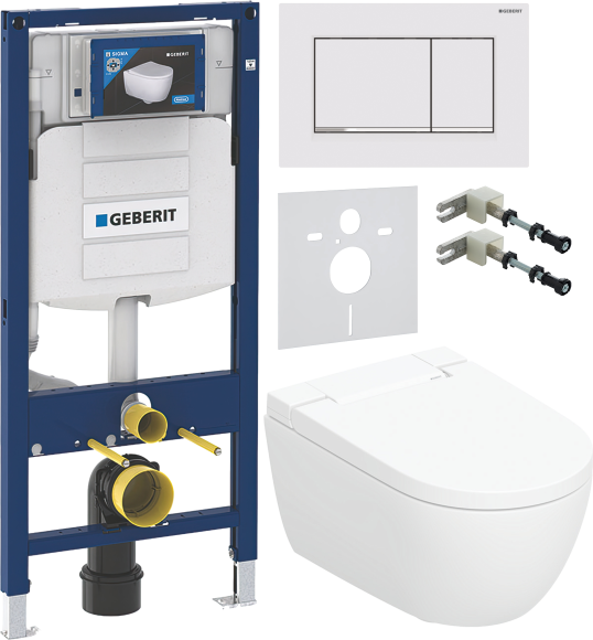 Комплект Умный унитаз Geberit AquaClean Alba безободковый, с биде + Инсталляция Duofix UP 320 111.300.00.5 + Кнопка Sigma 30 115.883.JT.1 белая матовая, хром глянцевый + Звукоизоляция + Крепления 111.815.00.1 к стене