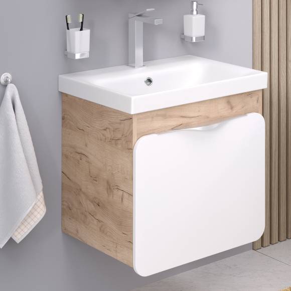 Тумба с раковиной Aqua de Marco Skandi 60 подвесная, дуб золотой крафт, белая