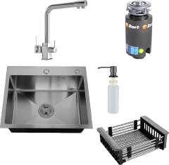 Комплект Мойка РМС MR-5843BL c корзиной и дозатором, графит + Смеситель MEGA Life MG-TK06 хром + Измельчитель Bort Titan 4000