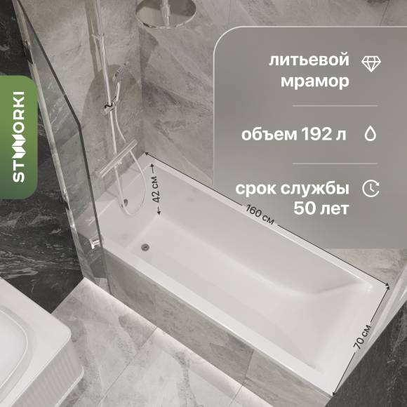 Ванна из искусственного камня STWORKI Ольборг 160x70 см, пристенная, на ножках